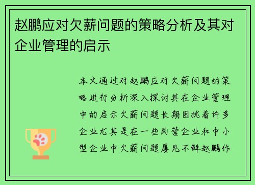 赵鹏应对欠薪问题的策略分析及其对企业管理的启示